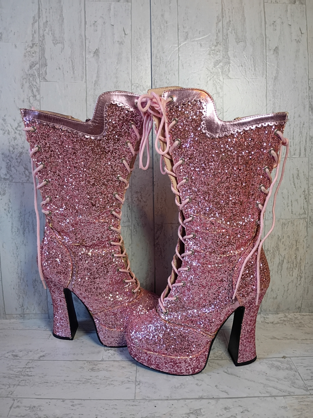 Glitter Pink Block Heel Platform Lace Up Calf Boot Sz 5